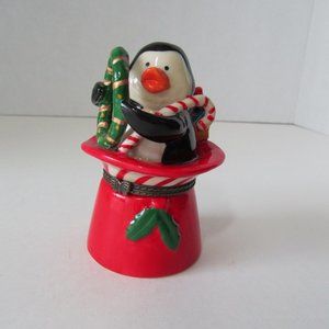 Vintage Christmas Penguin Sitting in Red Hat Trinket Box